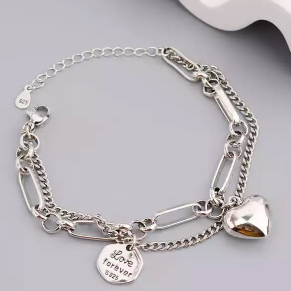 Sterling Silver Heart Charm Chain Link Bracelet - Picture 2 of 5